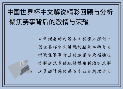 中国世界杯中文解说精彩回顾与分析 聚焦赛事背后的激情与荣耀